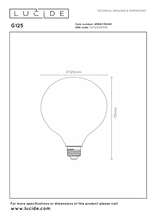 Lucide G125 - Filament bulb - Ø 12,5 cm- LED 3 StepDim - E27 - 1x8W 2700K - Opal - technical